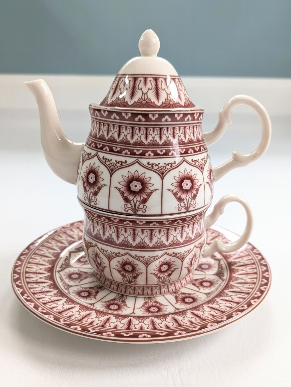 Harry & David Burgundy Floral Tea-For-One Stacking Teapot Cup & Plate Set